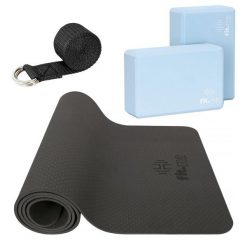 Zestaw do Jogi Mata TPE, 2x kostka pianka EVA, pasek do jogi FIT.ME. Czarne paski damskie FIT.ME, bez wzorów, sportowe. Za 139.99 zł.
