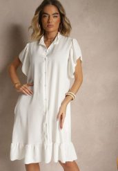Biała Koszulowa Sukienka Ozdobiona Falbankami i Guzikami Tenelora. Białe sukienki damskie Renee, na co dzień, bez wzorów, eleganckie, bez kołnierzyka, bez ramiączek, midi, koszulowe. W wyprzedaży za 59.49 zł.