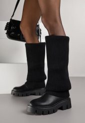 Czarne Kozaki Chunky z Dzianinową Cholewką Imitującą Nogawkę Fenema. Czarne kozaki damskie Renee, z dzianiny, bez obcasa, na płaskiej podeszwie. Za 179.99 zł.