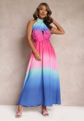 Niebieska Sukienka Maxi z Dekoltem Halter i Efektem Ombre Magdalla. Niebieskie sukienki damskie Renee, m, bez wzorów, bez kołnierzyka, bez ramiączek, maxi. W wyprzedaży za 132.99 zł.
