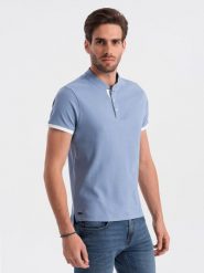 Koszulka męska polo bez kołnierzyka - niebieska V3 OM-TSCT-0156 - XXL. Niebieskie koszulki polo męskie Ombre Clothing, l, bez wzorów, z bawełny, bez ramiączek. W wyprzedaży za 39.99 zł.