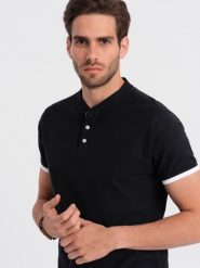 Męska koszulka polo bez kołnierzyka - czarna V8 OM-TSCT-0156 - XL. Czarne koszulki polo męskie Ombre Clothing, l, bez wzorów, z bawełny, bez ramiączek. W wyprzedaży za 39.99 zł.
