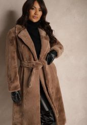 Brązowy Szlafrokowy Płaszcz Wiązany w Talii z Futerka Izalora. Brązowe płaszcze damskie Renee, xl, bez wzorów, z jeansu, eleganckie. Za 359.99 zł.