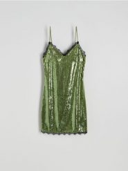 Cekinowa sukienka mini z koronką - oliwkowy. Zielone sukienki damskie Reserved, l, bez wzorów, z dzianiny, bez kołnierzyka, bez ramiączek, mini, dopasowane. W wyprzedaży za 119.99 zł.