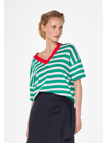 Rodier Koszulka w kolorze biało-zielonym rozmiar: XL. Zielone bluzki damskie Rodier, xl, bez wzorów, klasyczne, bez kołnierzyka, bez ramiączek. Za 196.24 zł.