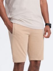 Dresowe męskie szorty bawełniane BASIC – beżowe V6 OM-SRBS-0149 - XXL. Brązowe szorty męskie Ombre Clothing, z bawełny, bez kołnierzyka. W wyprzedaży za 69.99 zł.