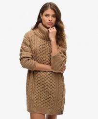 Superdry Sukienka Sweter z Golfem Cable. Brązowe golfy damskie Superdry., bez wzorów, z wełny, bez ramiączek. Za 459.40 zł.