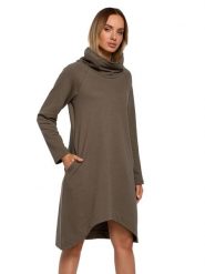 Made of emotion Sukienka w kolorze khaki rozmiar: M. Brązowe sukienki damskie Made Of Emotion, na co dzień, m, bez wzorów, z asymetrycznym kołnierzem, bez ramiączek, mini, asymetryczne. Za 131.12 zł.