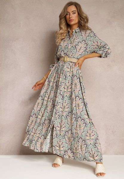 Miętowo-Różowa Koszulowa Sukienka z Dodatkowym Paskiem i Podpinanymi Rękawami Alonie. Zielone sukienki damskie Renee, l, bez wzorów, bez kołnierzyka, bez ramiączek, maxi, koszulowe. Za 119.99 zł.