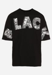 Czarna Bawełniana Koszulka T-shirt z Ozdobnym Nadrukiem Sanestia. Czarne t-shirty męskie Born2be, l, bez wzorów, z bawełny, bez kołnierzyka. Za 54.99 zł.