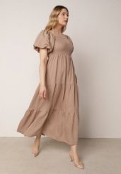 Beżowa Wiskozowa Sukienka z Bufiastymi Rękawami i Marszczoną Górą Liones. Brązowe sukienki damskie Born2be, na co dzień, na lato, uniwersalny, bez wzorów, z jeansu, wakacyjne, bez kołnierzyka, bez ramiączek, maxi, proste. Za 89.99 zł.