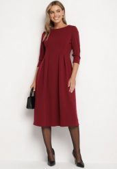 Bordowa Rozkloszowana Sukienka Ozdobiona Przeszyciami Reamira. Czerwone sukienki damskie Born2be, na co dzień, m, bez wzorów, eleganckie, bez kołnierzyka, bez ramiączek, midi, rozkloszowane. W wyprzedaży za 95.99 zł.
