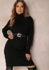 Czarna Sukienka Dzianinowa z Golfem Tadi. Czarne sukienki damskie Renee, bez wzorów, z dzianiny, bez kołnierzyka, bez ramiączek, midi. W wyprzedaży za 76.99 zł.