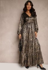 Czarno-Złota Sukienka w Panterkę o Rozkloszowanym Kroju z Falbankami i Gumką w Pasie Firintina. Czarne sukienki damskie Renee, na co dzień, bez wzorów, eleganckie, bez kołnierzyka, bez ramiączek, maxi, kopertowe. W wyprzedaży za 125.99 zł.