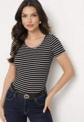 Czarno-Biała Koszulka T-shirt z Bawełny z Krótkim Rękawem w Paski Ernlea. Czarne bluzki damskie Born2be, l, bez wzorów, z bawełny, bez kołnierzyka, bez ramiączek. Za 59.99 zł.