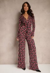 Bordowy Kopertowy Kombinezon z Wiskozą z Szerokimi Nogawkami i Paskiem w Geometryczny Wzór Botavia. Czerwone kombinezony damskie Renee, l, bez wzorów, z materiału, eleganckie, bez kołnierzyka, bez ramiączek, długie. Za 129.99 zł.