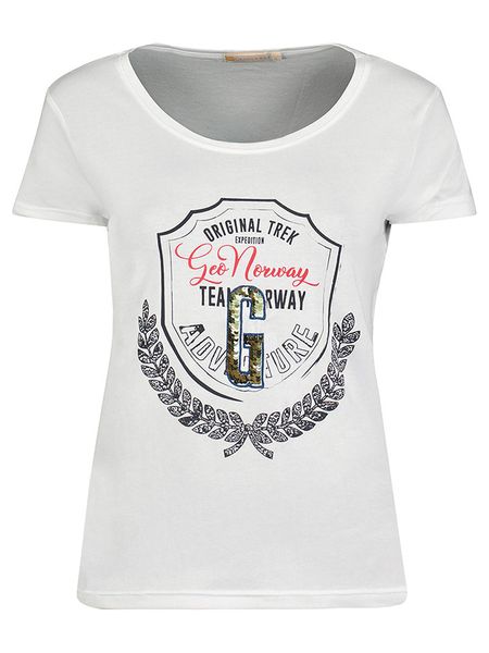 Geographical Norway Koszulka "Jirondelle" w kolorze białym rozmiar: XL. Białe bluzki damskie Geographical Norway, xl, bez wzorów, bez kołnierzyka, bez ramiączek. Za 34.93 zł.