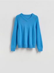 Sweter z dekoltem V - niebieski. Niebieskie swetry męskie Reserved, l, bez wzorów, z bawełny, bez kołnierzyka. Za 129.99 zł.
