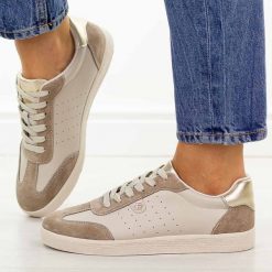 Beżowe skórzane półbuty damskie S.Barski 7091. Brązowe półbuty damskie S.BARSKI, bez wzorów, z jeansu, casualowe, z okrągłym noskiem, bez obcasa, na płaskiej podeszwie. Za 239.00 zł.