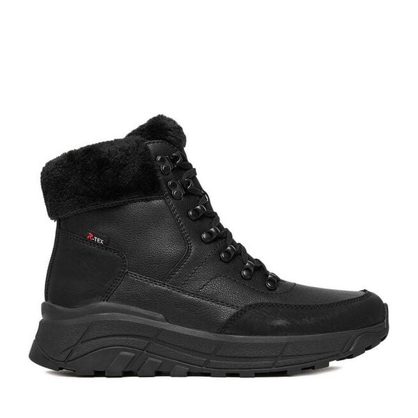 Trzewiki Rieker. Czarne botki damskie Rieker, bez obcasa, na płaskiej podeszwie, bez zapięcia. Za 559.99 zł.