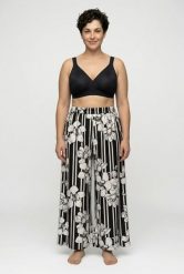 Damskie Spodnie palazzo paski z motywem kwiatów szeroka nogawka elastyczny pas. Czarne spodnie materiałowe damskie Ulla Popken, bez wzorów, z materiału, plus size. Za 191.99 zł.