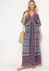 Fioletowa Boho Sukienka z Szerokimi Rękawami z Gumką w Pasie i Wiązaniem na Plecach Piomina. Fioletowe sukienki damskie Born2be, l, z aplikacjami, boho, bez kołnierzyka, bez ramiączek, maxi. W wyprzedaży za 79.99 zł.