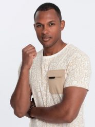 Bawełniany męski t-shirt z literowym printem i kieszonką – kremowo-brązowy V1 OM-TSFP-0188 - XL. Brązowe t-shirty męskie Ombre Clothing, l, bez wzorów, z bawełny, bez kołnierzyka. W wyprzedaży za 29.99 zł.