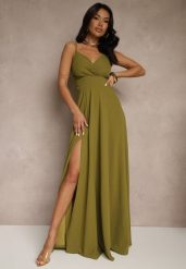 Jasnozielona Elegancka Sukienka o Rozkloszowanym Kroju z Rozcięciem na Ramiączkach z Kopertowym Dekoltem Winelia. Zielone sukienki damskie Renee, l, bez wzorów, eleganckie, bez kołnierzyka, bez ramiączek, maxi, kopertowe. W wyprzedaży za 181.99 zł.