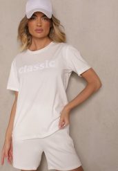 Biały Bawełniany T-shirt Zdobiony Napisem z Cyrkonii Deleire. Białe t-shirty damskie Renee, l, z aplikacjami, z bawełny, bez kołnierzyka. Za 39.99 zł.