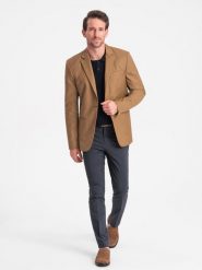 Klasyczna marynarka męska z kieszenią na poszetkę - karmelowa V2 OM-BLZB-0115 - XXL. Marynarki męskie Ombre Clothing, bez wzorów, z poliesteru. Za 309.99 zł.