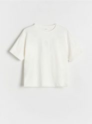 Bawełniany T-shirt z haftem - złamana biel. Koszulki dziewczęce Reserved, bez wzorów, z bawełny, bez ramiączek. W wyprzedaży za 22.99 zł.