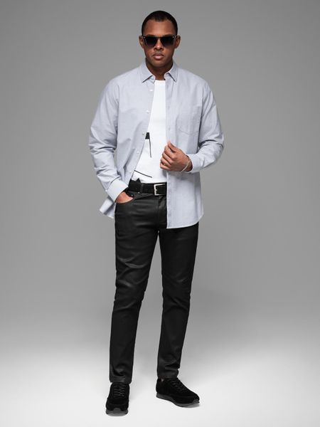 Elegancka męska koszula oxford z haftem i kieszonką – błękitna V1 - Rozmiar: XL. Niebieskie koszule męskie Ombre Clothing, m, bez wzorów, z bawełny, bez kołnierzyka, bez ramiączek. W wyprzedaży za 89.99 zł.