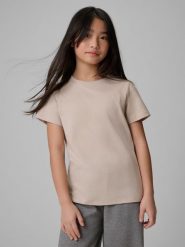 4F T-shirt regular gładki dziewczęcy - beżowy 128 (7-8 lat). Brązowe koszulki dziewczęce 4f, bez wzorów, z bawełny, bez ramiączek. W wyprzedaży za 19.99 zł.
