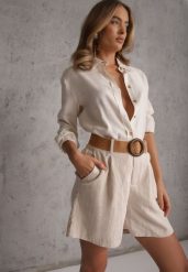 Beżowe Szorty Casual z Wiskozą High Waist Ozdobione Paskiem z Plecionki Kailee. Brązowe szorty damskie Renee, bez wzorów, z materiału, casualowe, z podwyższonym stanem. Za 99.99 zł.