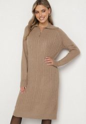 Beżowa Sweterkowa Sukienka Pudełkowa z Bawełną i Wełną Ozdobiona Suwakiem Reimia. Brązowe sukienki damskie Born2be, na co dzień, uniwersalny, bez wzorów, z bawełny, klasyczne, bez kołnierzyka, bez ramiączek. Za 79.99 zł.