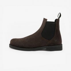 Sztyblety jeździeckie 500 z dwoiny skóry. Sztyblety męskie Decathlon, z gumy, przed kostkę, bez zapięcia. Za 179.99 zł.