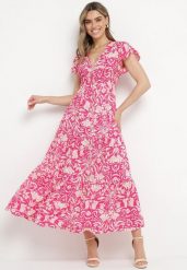Różowa Rozkloszowana Sukienka Maxi z Luźnym Rękawem w Kwiatowy Print Oxeria. Czerwone sukienki damskie Born2be, na lato, m, bez wzorów, bez kołnierzyka, bez ramiączek, maxi, rozkloszowane. W wyprzedaży za 79.99 zł.