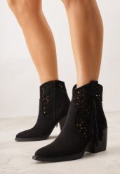 Czarne Botki Kowbojki na Stożkowym Obcasie z Ażurowym Wzorem i Eathetina. Czarne botki damskie Born2be, z jeansu, boho, bez obcasa, na obcasie, bez zapięcia. Za 159.99 zł.