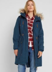 Parka zimowa z kapturem ze sztucznym futerkiem. Niebieskie parki damskie bonprix, na zimę, bez wzorów. Za 359.99 zł.