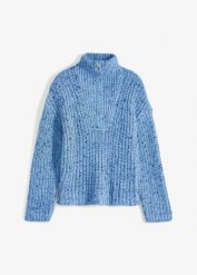 Sweter ze stójką i obniżoną linią ramon. Niebieskie golfy damskie bonprix, bez wzorów, bez ramiączek. Za 144.99 zł.