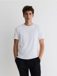 T-shirt regular z włóknem bambusowym - biały. Białe t-shirty męskie Reserved, l, bez wzorów, z dzianiny, bez kołnierzyka. Za 89.99 zł.