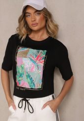 Czarny T-shirt z Bawełny Ozdobiony Brokatem Isadelle. Czarne t-shirty damskie Renee, m, bez wzorów, z bawełny, bez kołnierzyka. Za 39.99 zł.