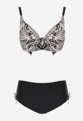 Czarno-Beżowe Bikini Biustonosz z Ozdobnym Wiązaniem i Figi ze Ściągaczami Miraleh. Czarne bikini damskie Born2be, bez wzorów. Za 99.99 zł.