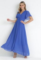 Niebieska Kopertowa Sukienka Maxi z Gumką w Pasie Narlin. Niebieskie sukienki damskie Born2be, na co dzień, na lato, uniwersalny, bez wzorów, eleganckie, bez kołnierzyka, bez ramiączek, maxi, kopertowe. W wyprzedaży za 111.99 zł.