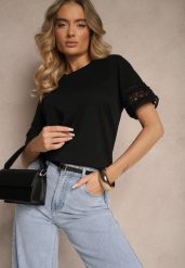 Czarny Bawełniany T-shirt z Ażurowymi Rękawkami Zolreia. Czarne t-shirty damskie Renee, m, w ażurowe wzory, z bawełny, bez kołnierzyka. Za 54.99 zł.