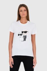 KARL LAGERFELD Biały t-shirt Ikonik 2.0. Białe t-shirty damskie Karl Lagerfeld, s, bez wzorów, z bawełny, bez kołnierzyka. W wyprzedaży za 265.99 zł.