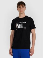 4F T-shirt regular z nadrukiem męski - czarny S. Czarne t-shirty męskie 4f, m, bez wzorów, z bawełny, bez kołnierzyka. W wyprzedaży za 49.99 zł.