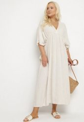 Beżowa Wiskozowa Sukienka z Lnem o Nietoperzowym Kroju z Wiązaniem Tolureia. Brązowe sukienki damskie Born2be, na co dzień, uniwersalny, bez wzorów, z wiskozy, eleganckie, bez kołnierzyka, bez ramiączek, midi, kopertowe. W wyprzedaży za 135.99 zł.