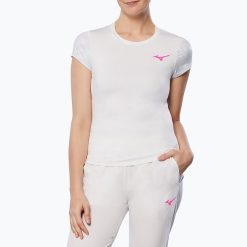 Koszulka tenisowa damska Mizuno Charge Printed Tee. Białe bluzki sportowe damskie Mizuno, m, z elastanu, bez kołnierzyka, bez ramiączek. Za 78.99 zł.