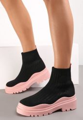 Czarno-Różowe Botki z Elastyczną Cholewką Ganeon. Czarne botki damskie Renee, za kostkę, bez obcasa, na płaskiej podeszwie, bez zapięcia. Za 79.99 zł.